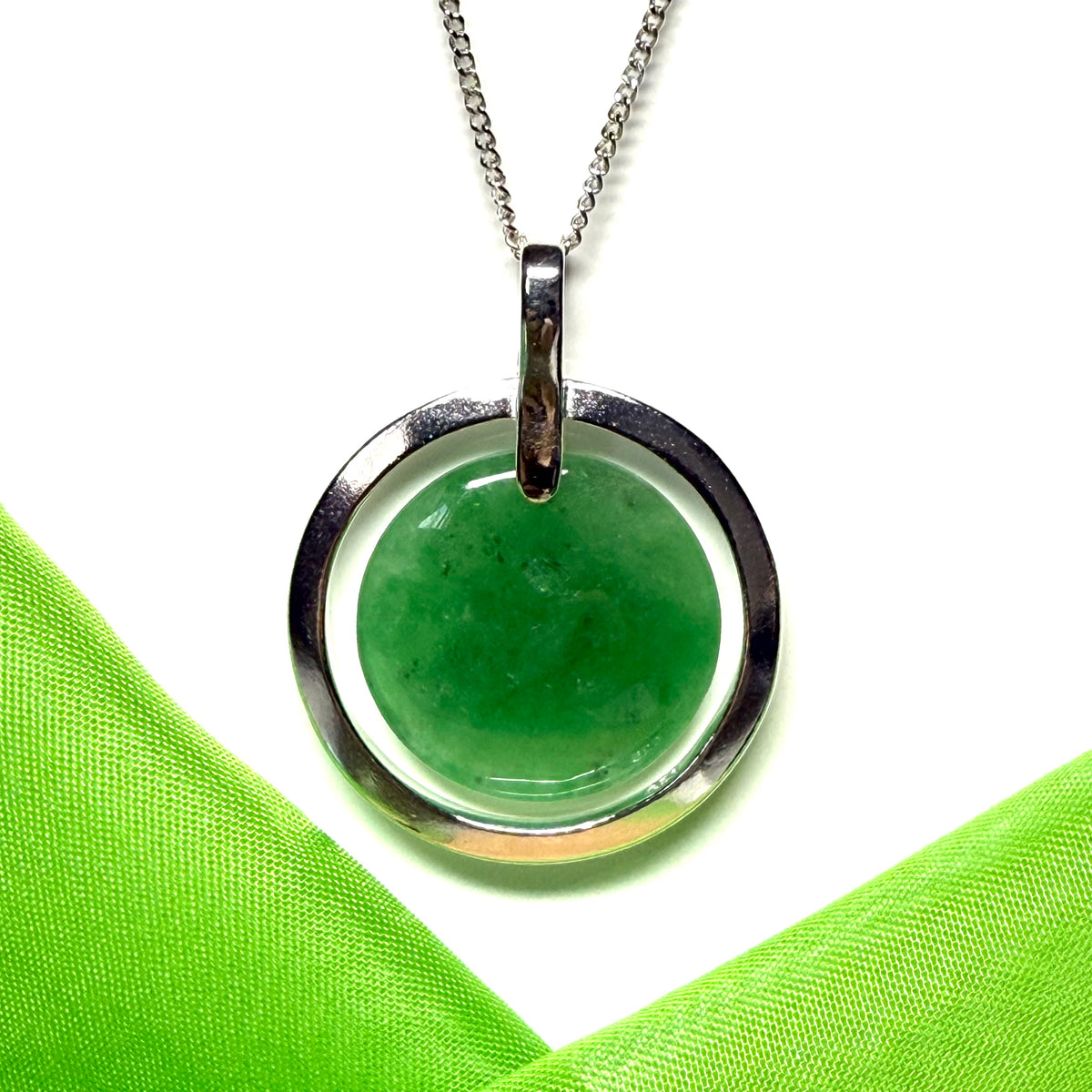 Large necklace sterling silver round shaped green real jade halo styled pendant with a chain included as well
