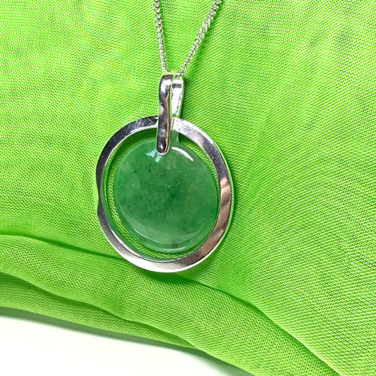 Large necklace sterling silver round shaped green real jade halo styled pendant with a chain included as well