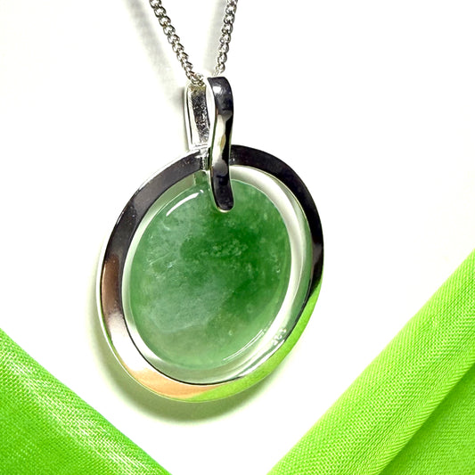 Large necklace sterling silver round shaped green real jade halo styled pendant with a solid curb chain included