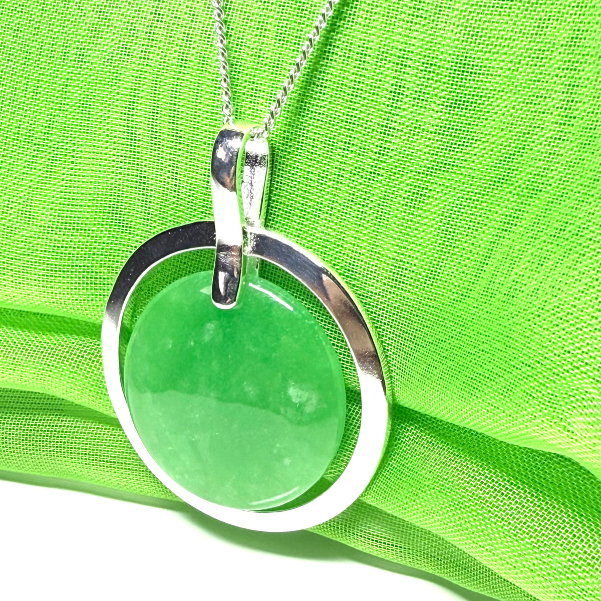 Large necklace sterling silver round shaped green real jade halo styled pendant with chain