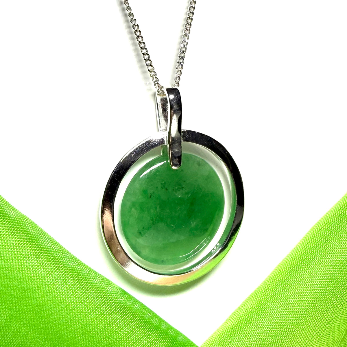 Large necklace sterling silver round shaped green real jade halo styled pendant with a chain included as well