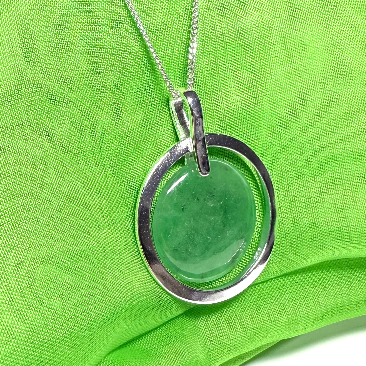 Large necklace sterling silver round shaped green real jade halo styled pendant with a chain included as well