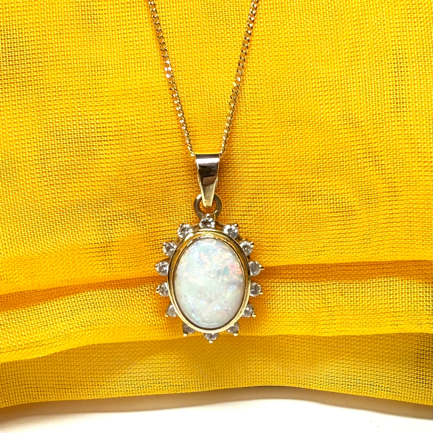 Large oval real opal and real diamond yellow gold necklace pendant