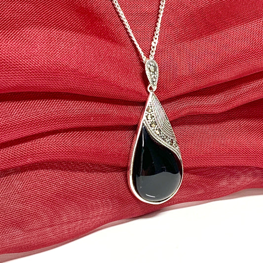 Large pear shaped real black onyx and marcasite necklace pendant sterling silver