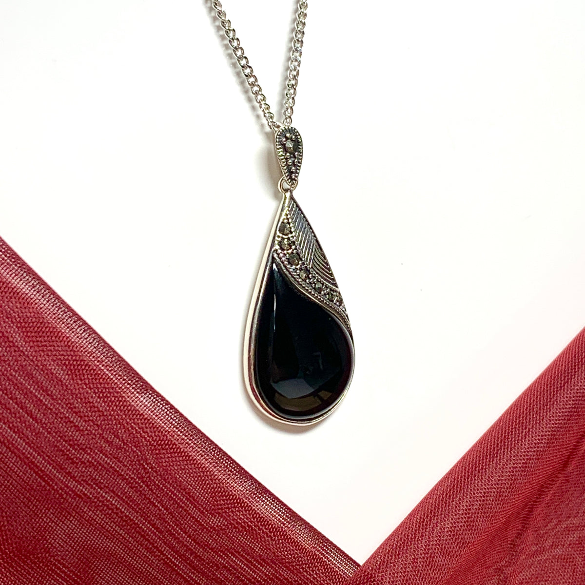 Large pear shaped real black onyx and marcasite necklace pendant sterling silver