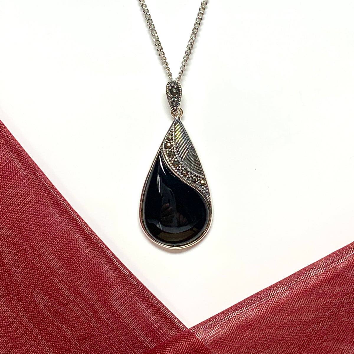 Large pear shaped real black onyx and marcasite necklace pendant sterling silver