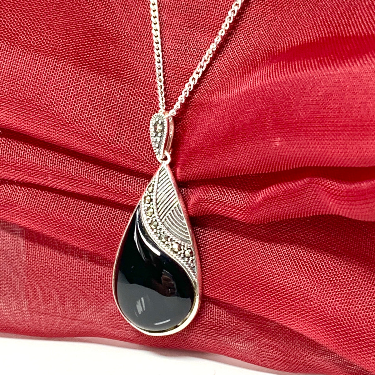 Large pear shaped real black onyx and marcasite necklace pendant sterling silver