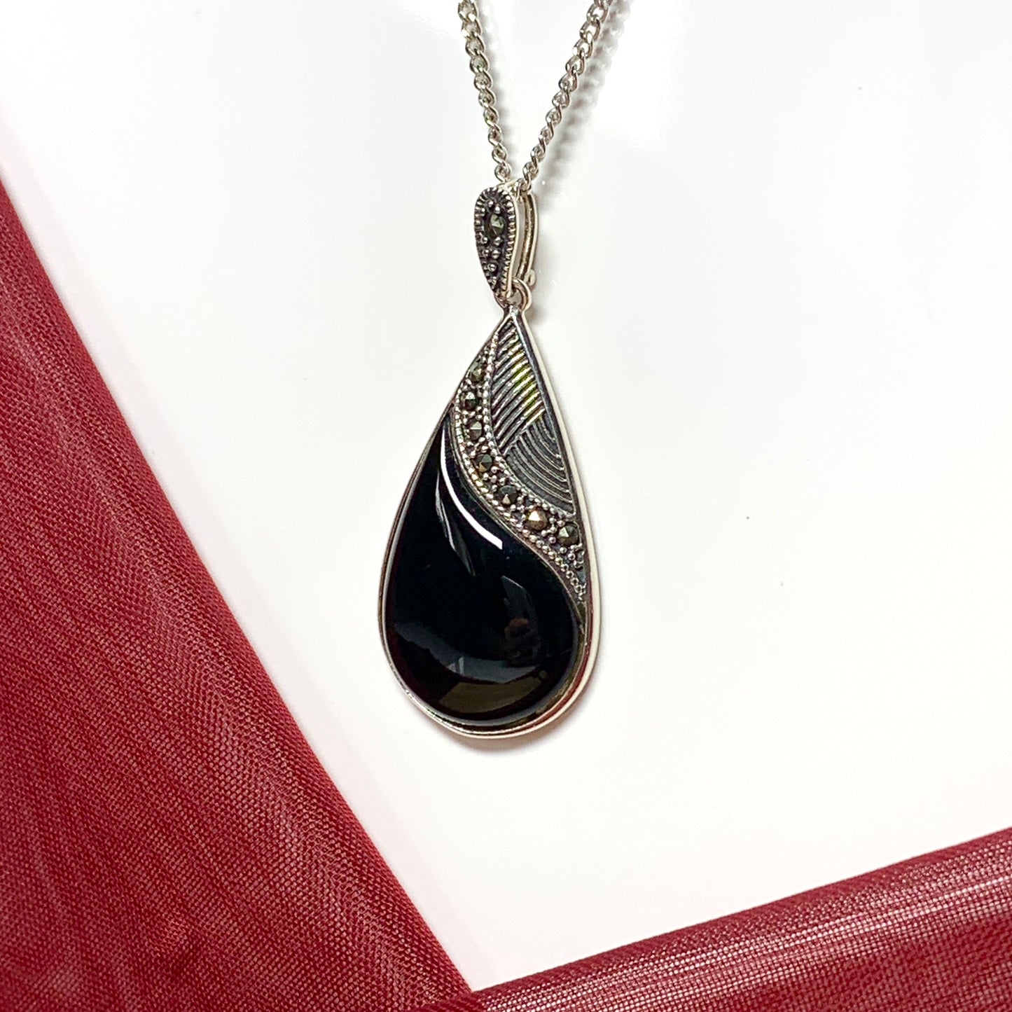 Large pear shaped real black onyx and marcasite necklace pendant sterling silver