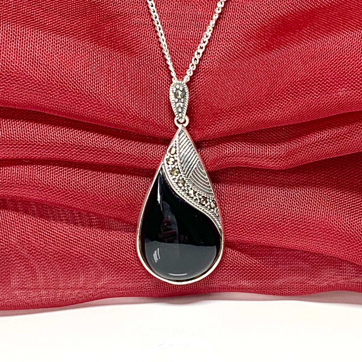 Large pear shaped real black onyx and marcasite necklace pendant sterling silver