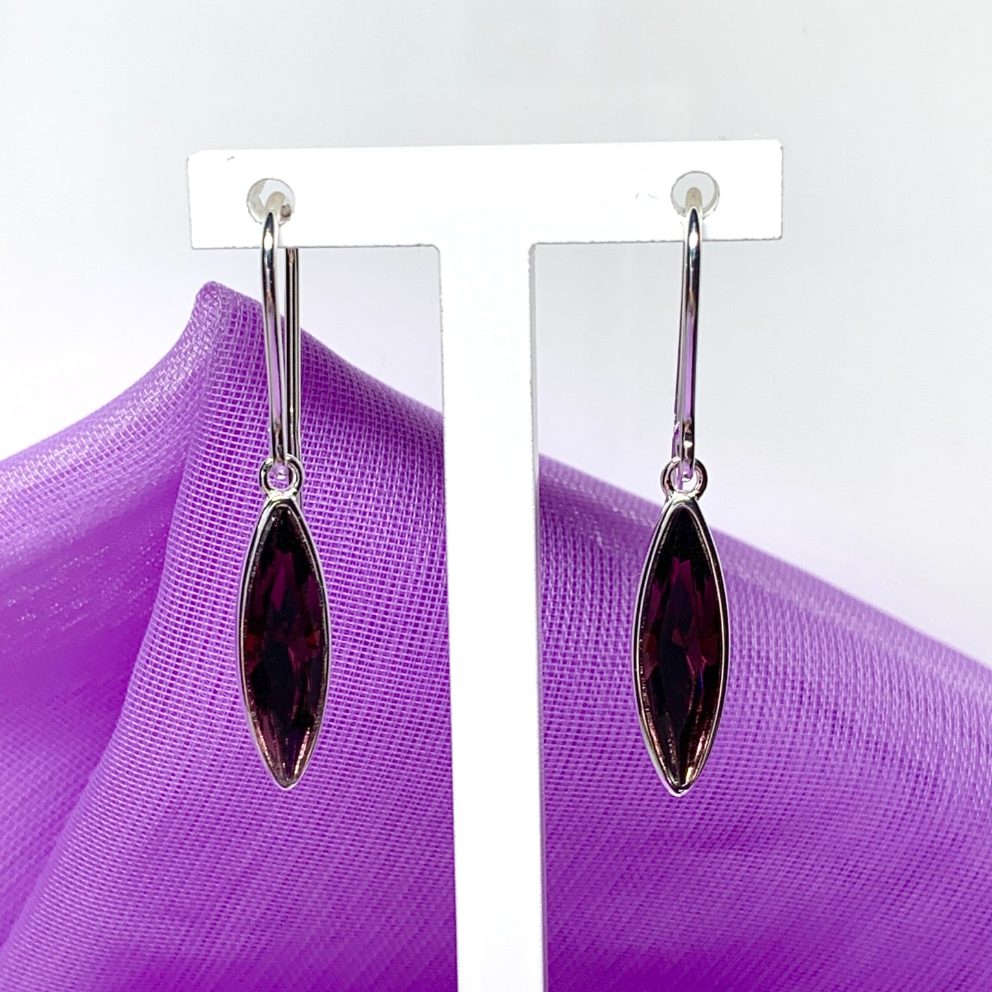 Large purple crystal marquise long drop earrings