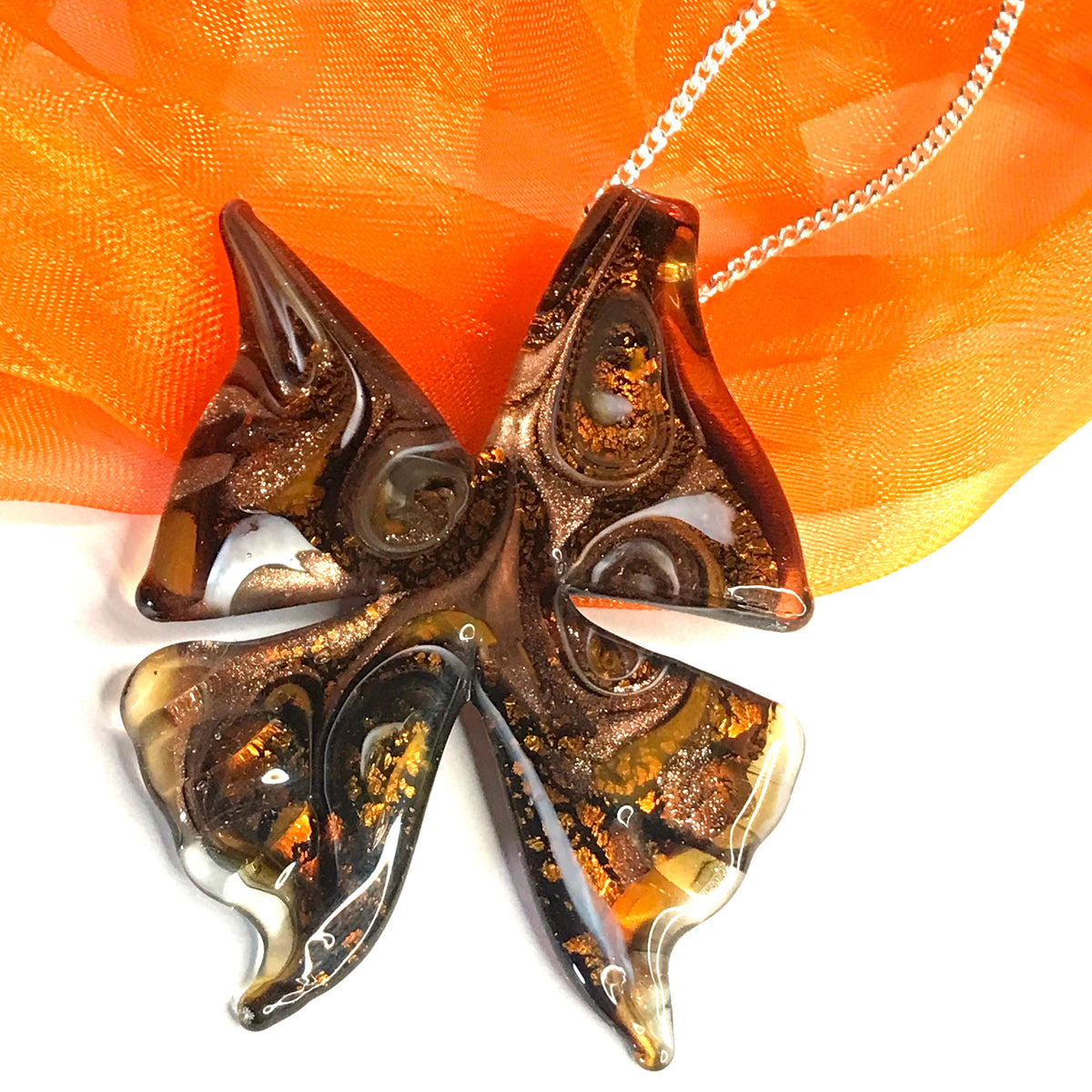 Large real Murano glass butterfly shaped necklace copper coloured pendant sterling silver