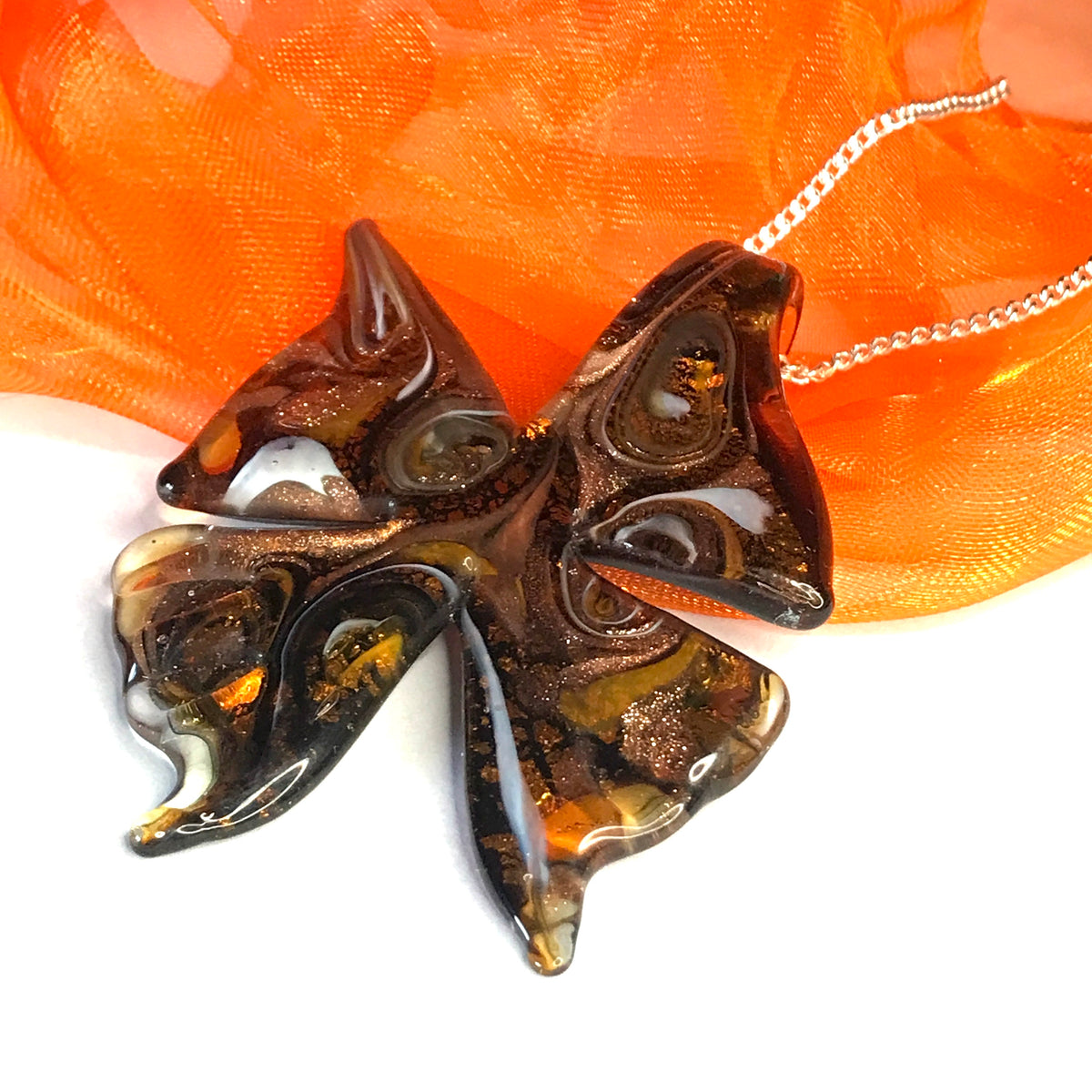 Large real Murano glass butterfly shaped necklace copper coloured pendant sterling silver
