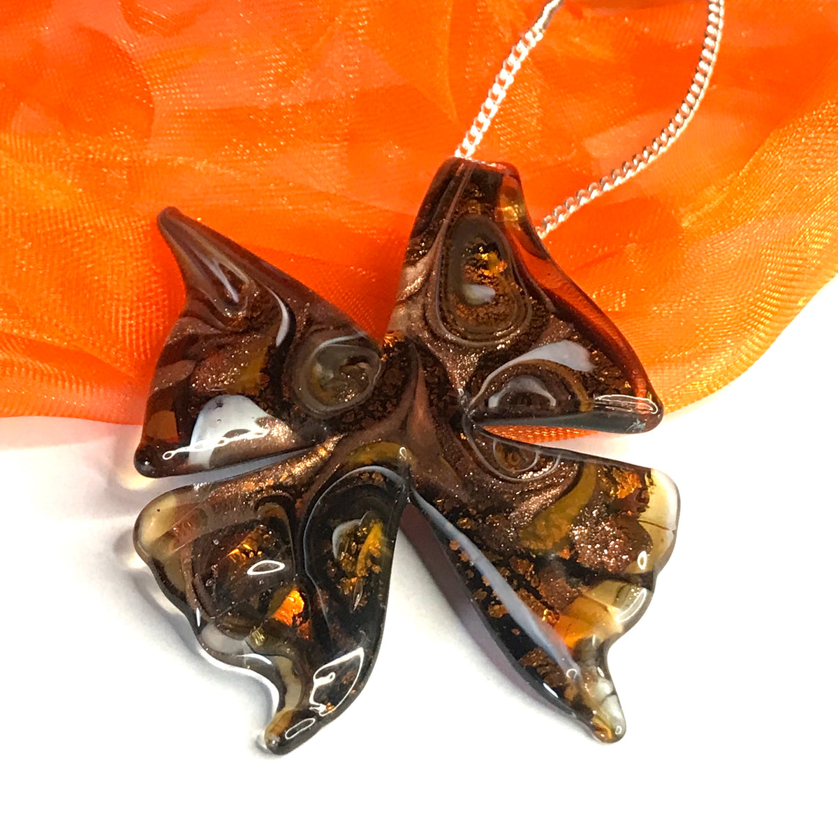 Large real Murano glass butterfly shaped necklace copper coloured pendant sterling silver