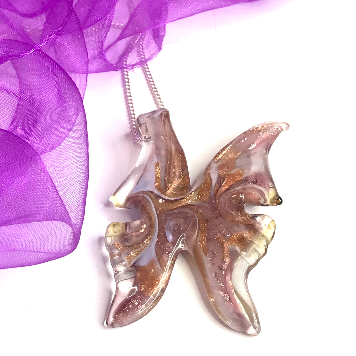 Large real Murano glass butterfly shaped necklace pink coloured pendant sterling silver with chain