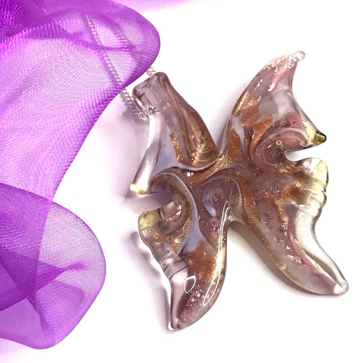 Large real Murano glass butterfly shaped necklace pink coloured pendant sterling silver