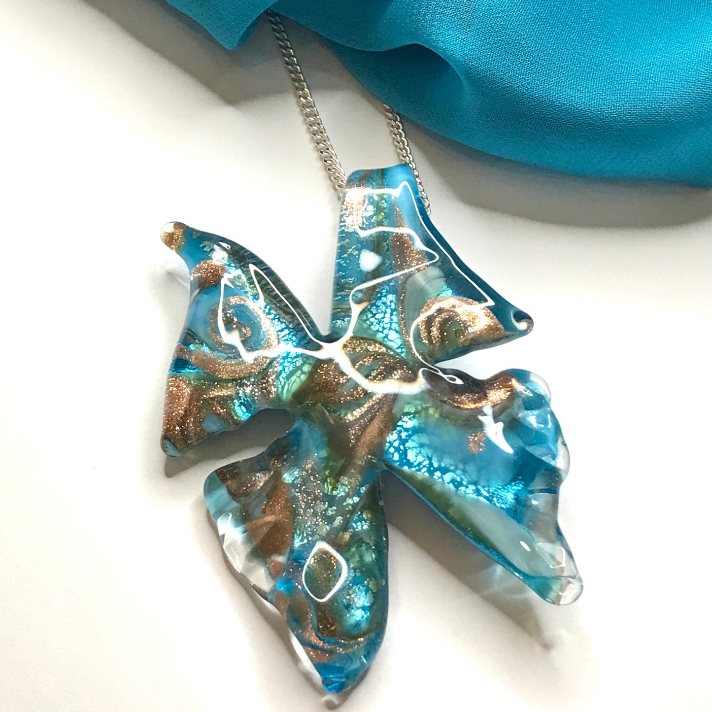 Large real Murano glass necklace blue butterfly shaped pendant sterling silver