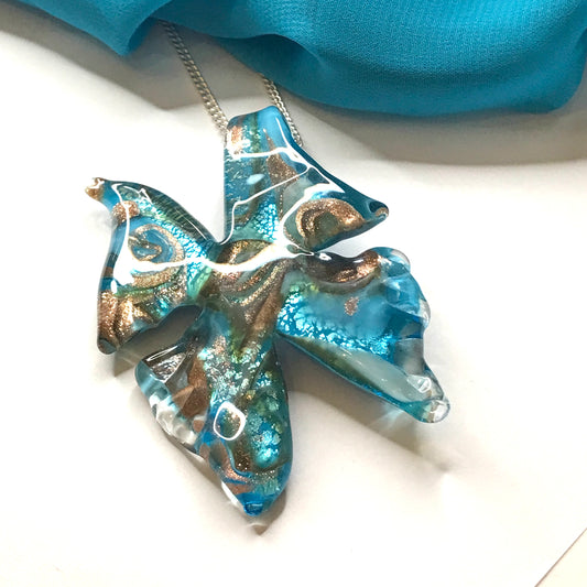 Large real Murano glass necklace blue butterfly shaped pendant sterling silver