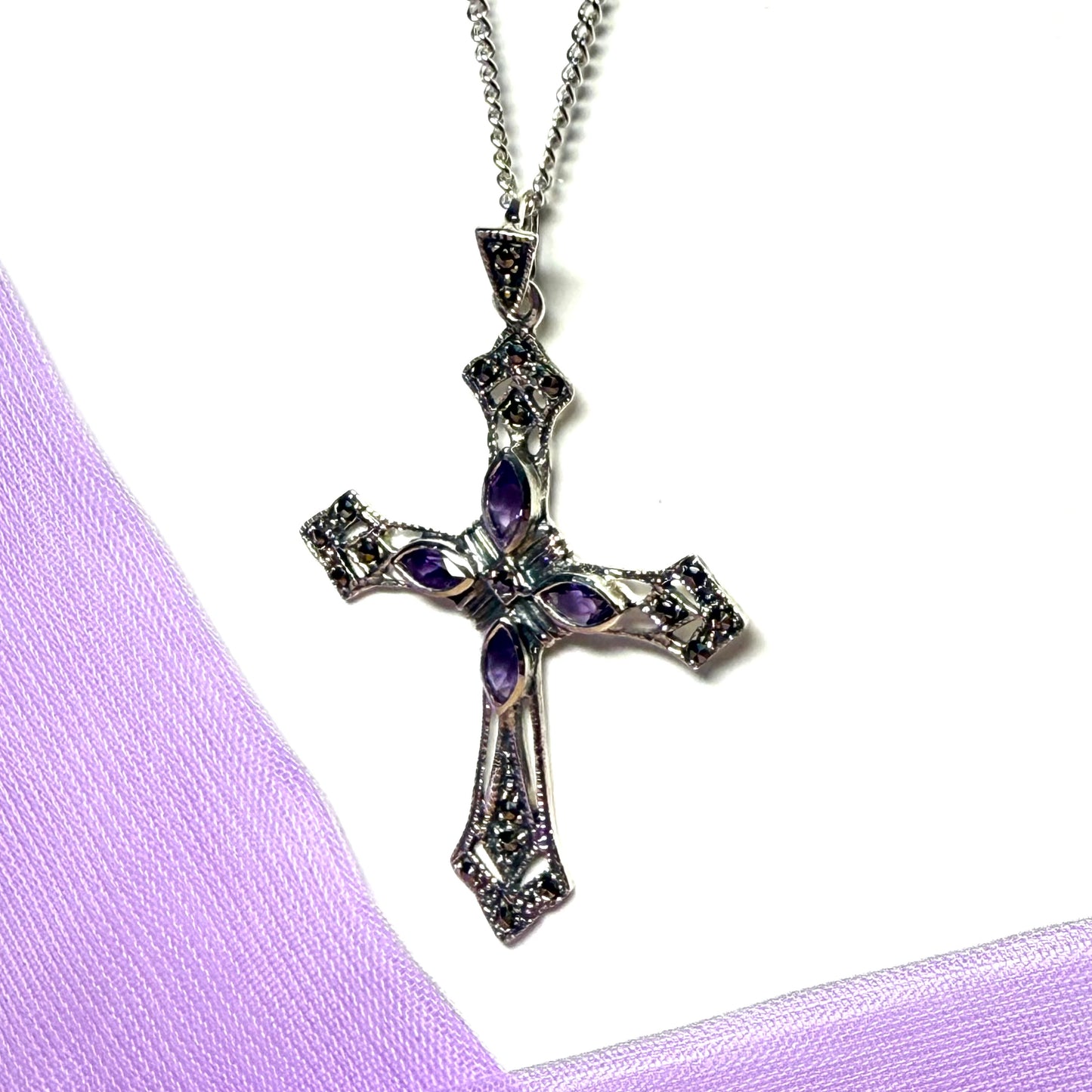 Large real amethyst cross with real marcasite and chain sterling silver