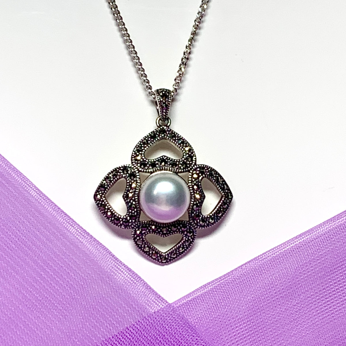 Large real freshwater cultured pearl necklace with marcasite sterling silver pendant
