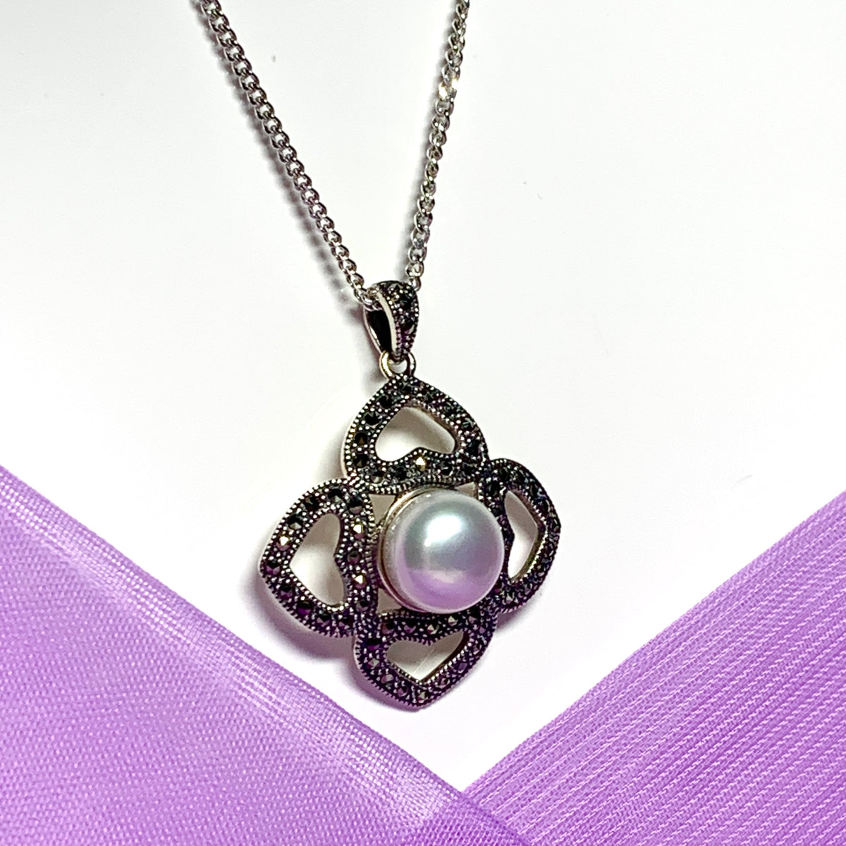 Large real freshwater cultured pearl necklace with marcasite sterling silver pendant
