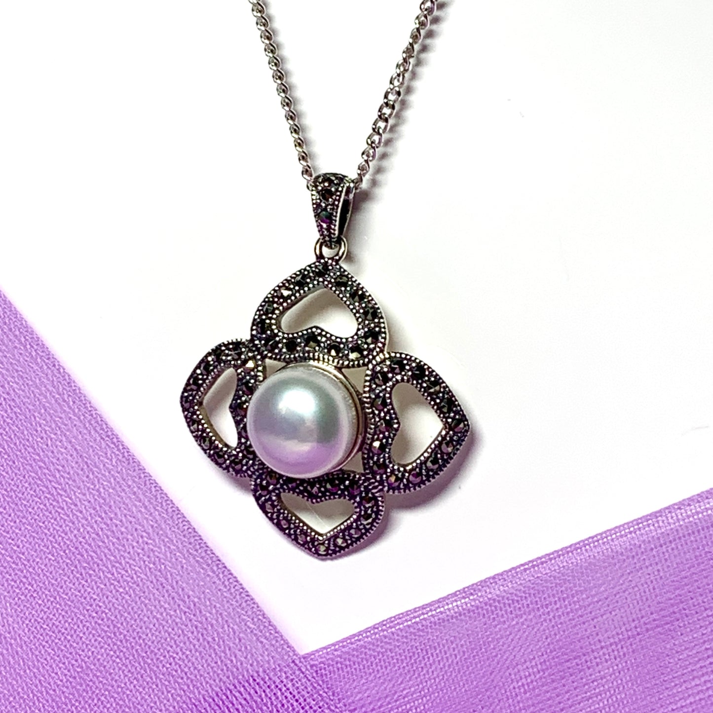 Large real freshwater cultured pearl necklace with marcasite sterling silver pendant