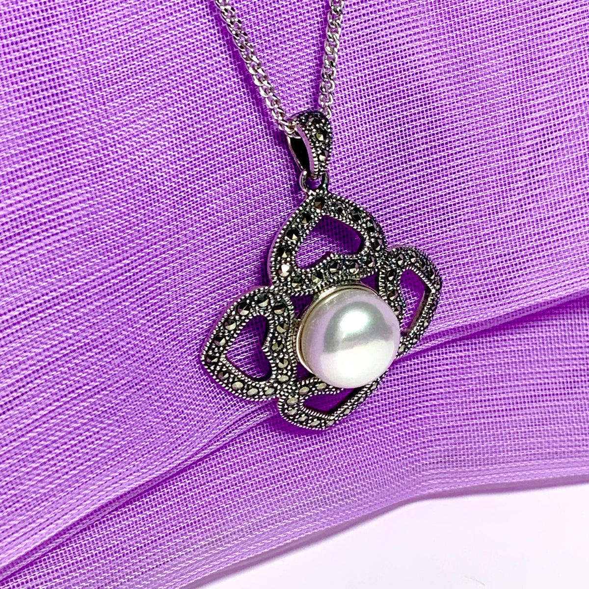 Large real freshwater cultured pearl necklace with marcasite sterling silver pendant