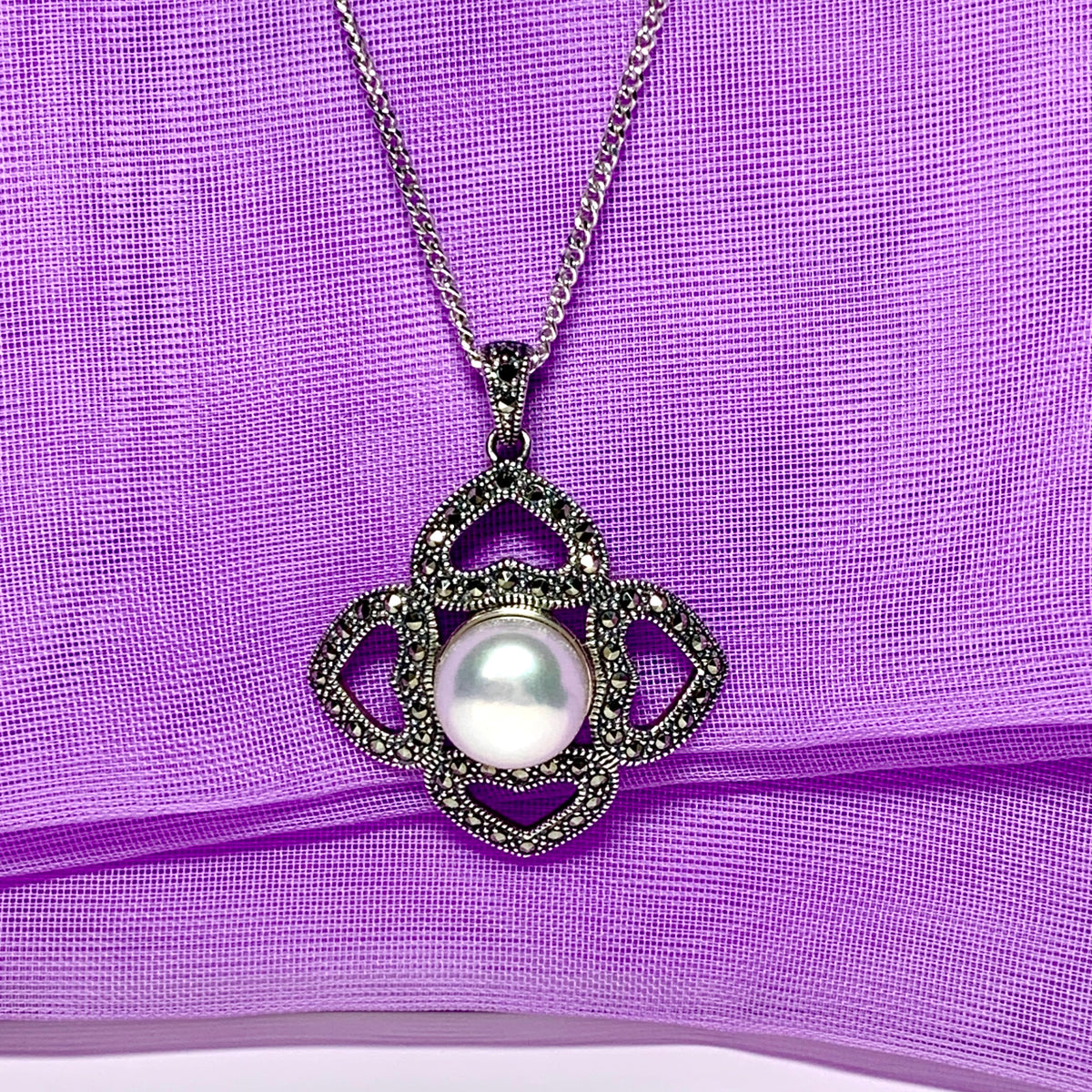Large real freshwater cultured pearl necklace with marcasite sterling silver pendant