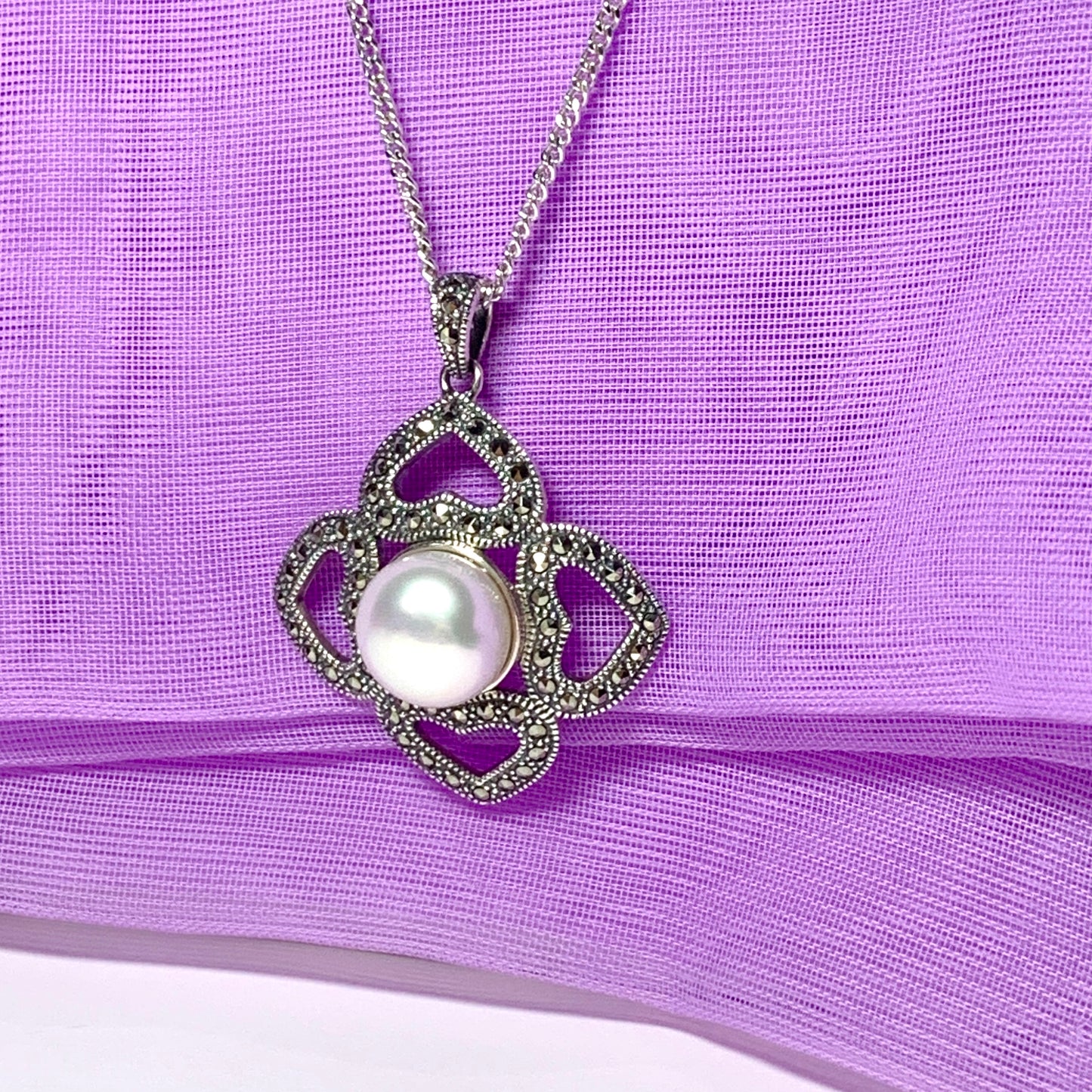 Large real freshwater cultured pearl necklace with marcasite sterling silver pendant