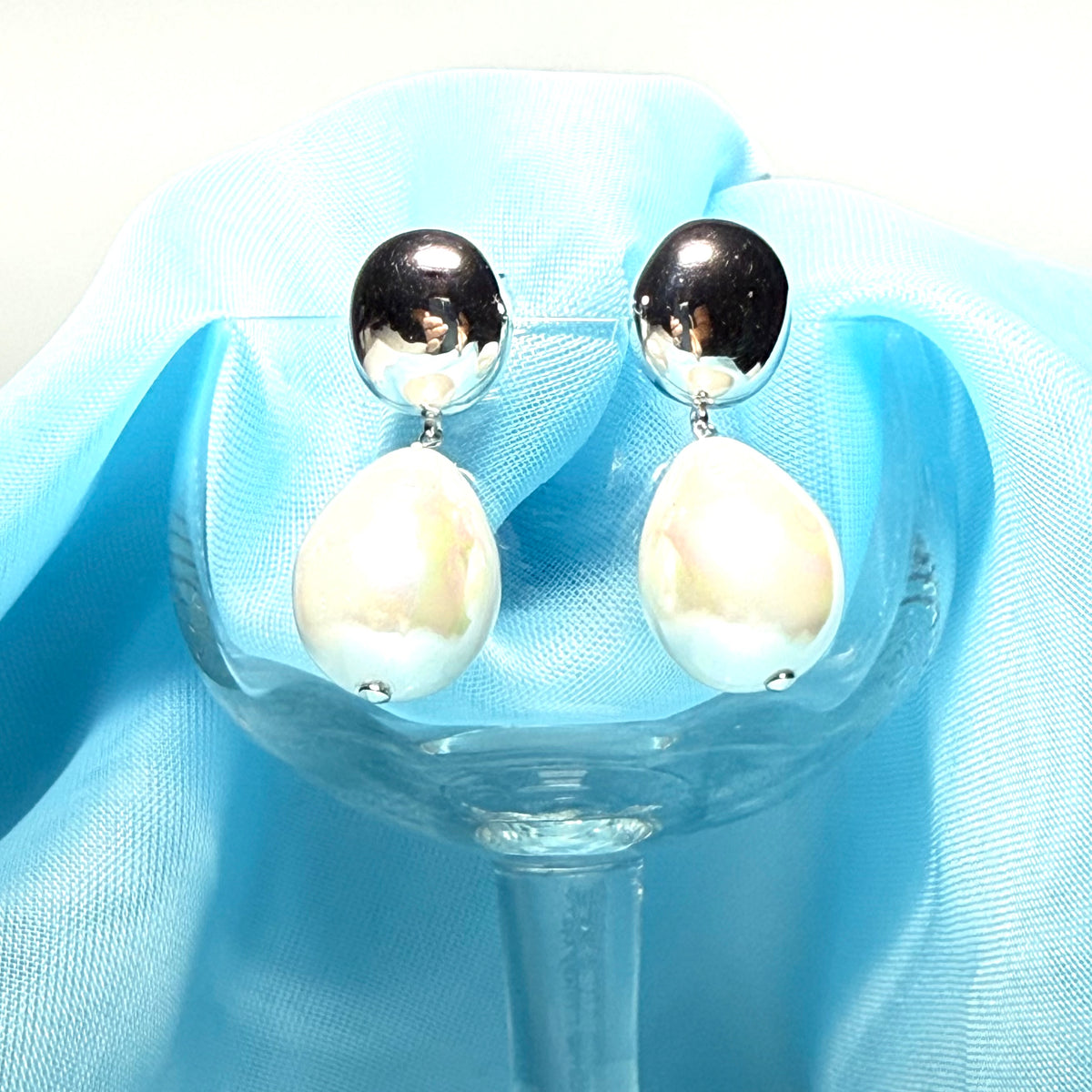 Large real freshwater cultured pearl sterling silver drop earrings pear shaped