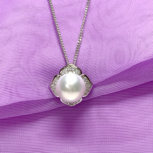 Large real freshwater pearl flower petal necklace sterling silver square pendant