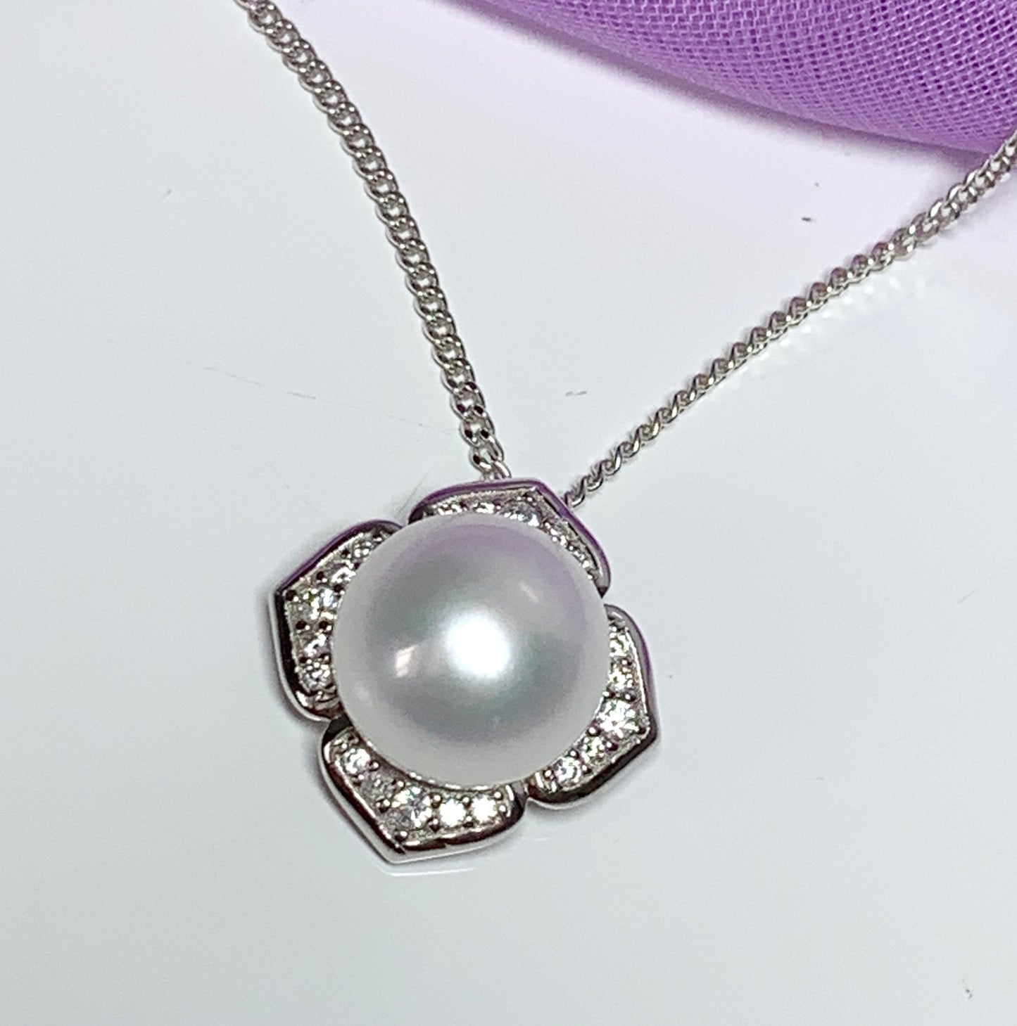Large real freshwater pearl flower petal necklace sterling silver square pendant