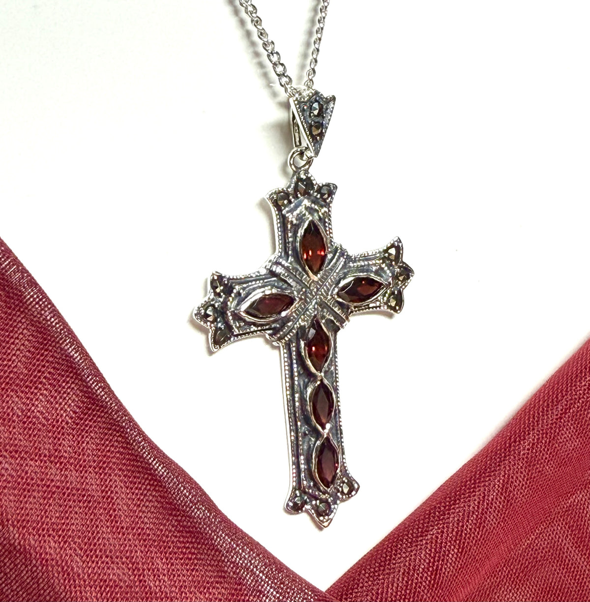 Large real garnet cross with real marcasite and chain sterling silver