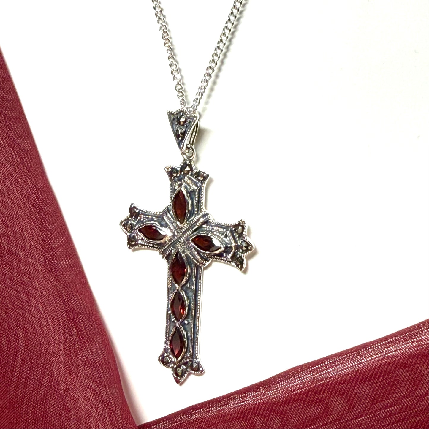 Large real garnet cross with real marcasite and chain sterling silver