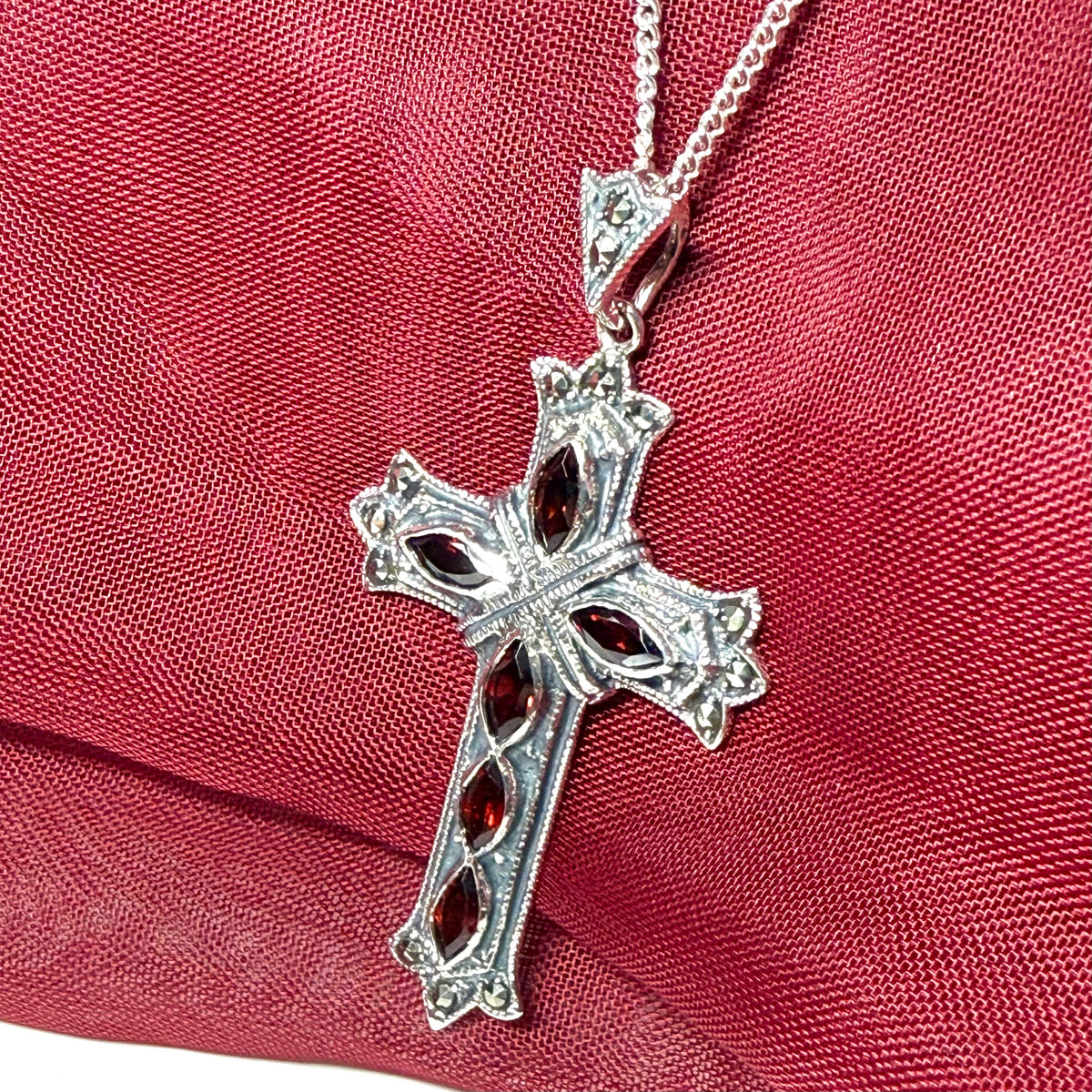 Large real garnet cross with real marcasite and chain sterling silver