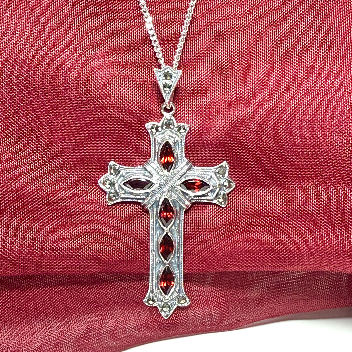 Large real garnet cross with real marcasite and chain sterling silver