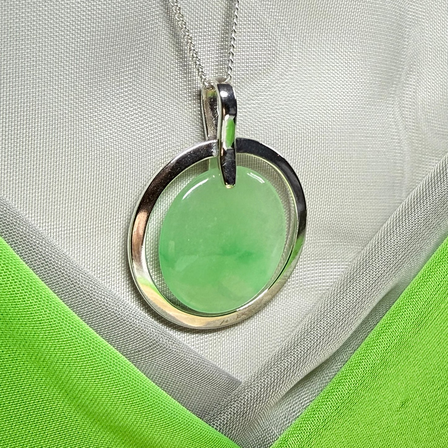 Large real jade pendant necklace sterling silver round shaped green halo designed, with a chain