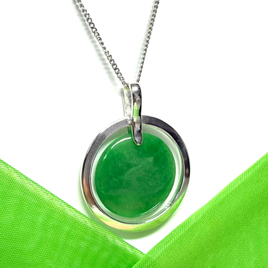 Large real jade pendant necklace sterling silver round shaped green halo design, exquisite