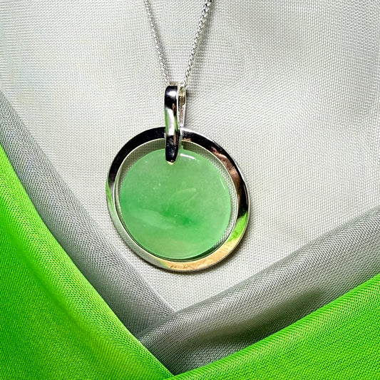 Large real jade pendant necklace sterling silver round shaped green halo designed, with a chain