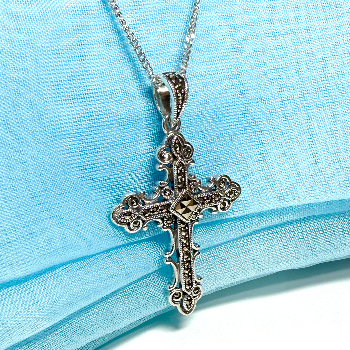 Large real marcasite cross and chain sterling silver