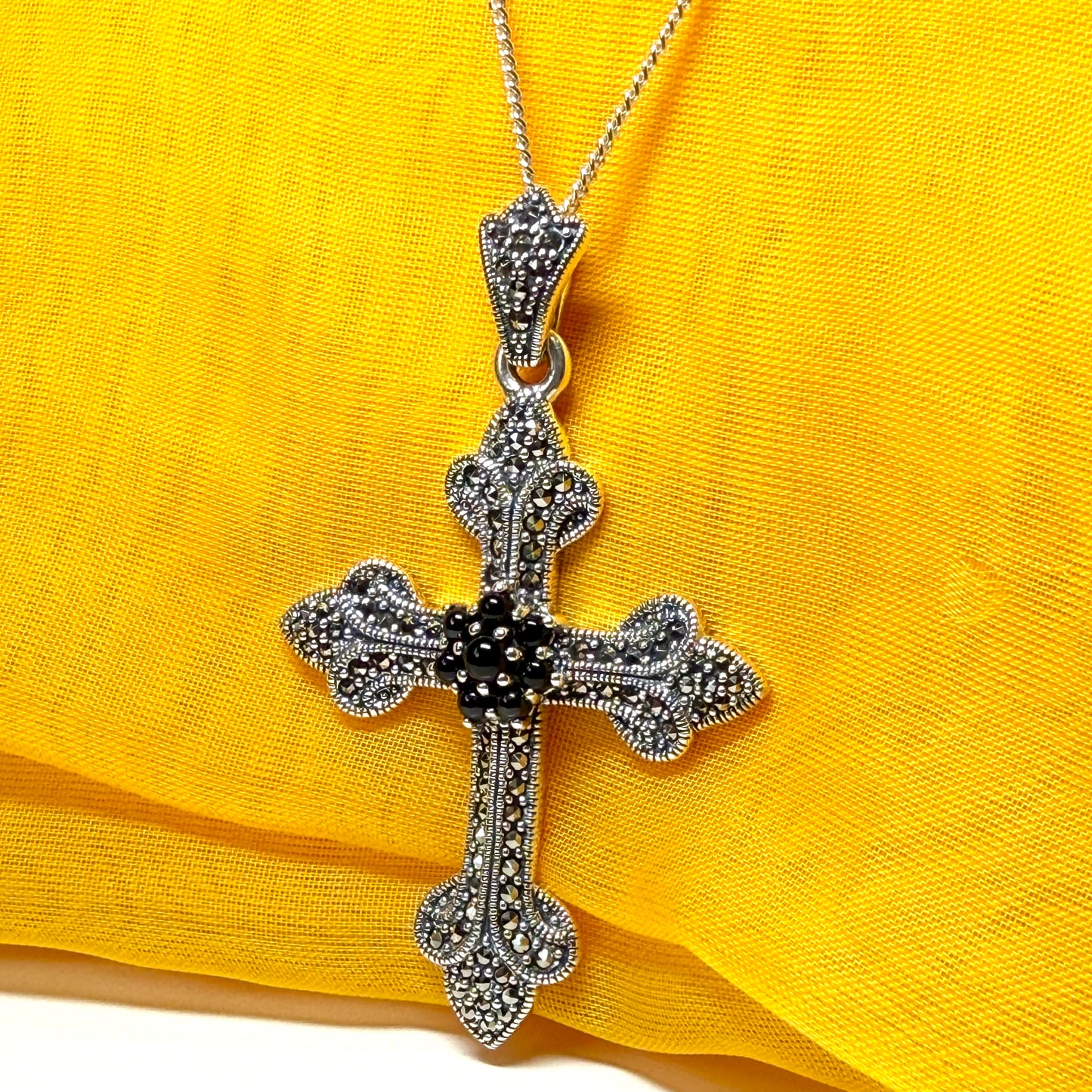 Large real onyx cross with real marcasite and chain sterling silver