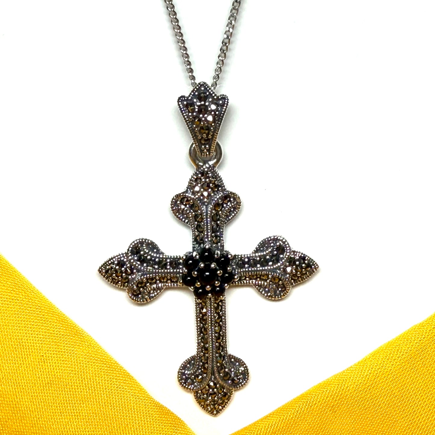 Large real onyx cross with real marcasite and chain sterling silver