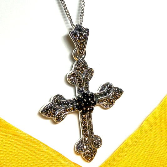 Large real onyx cross with real marcasite and chain sterling silver