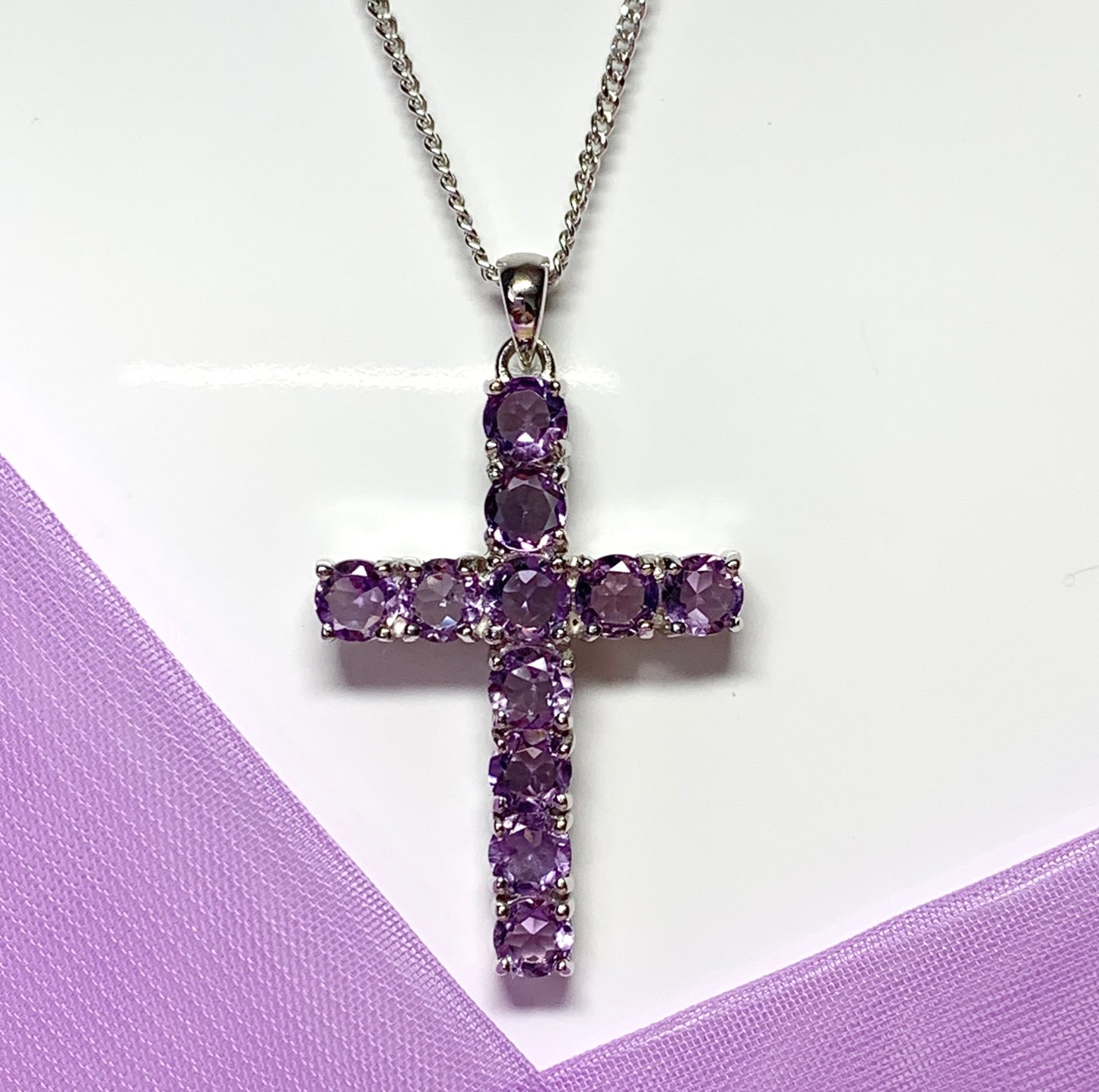 Large real purple amethyst cross sterling silver including chain