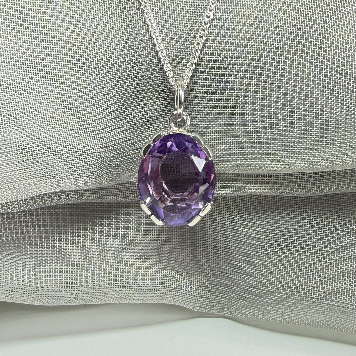 Large real purple amethyst necklace sterling silver with chain