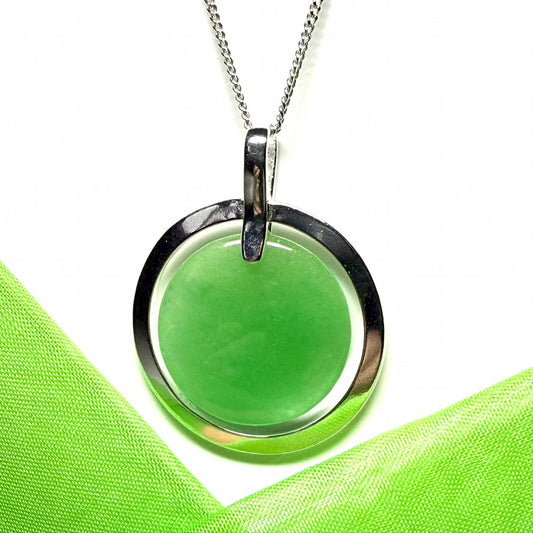Large round halo necklace sterling silver circle shaped green real jade styled pendant