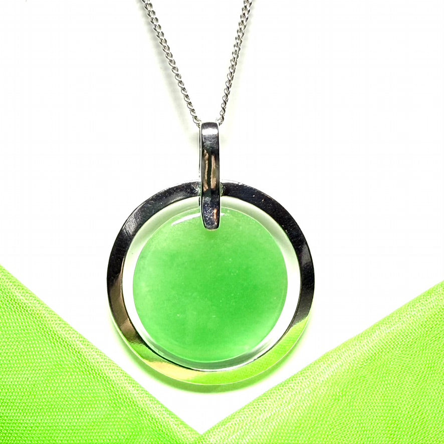 Large round halo necklace sterling silver circle shaped green real jade styled pendant