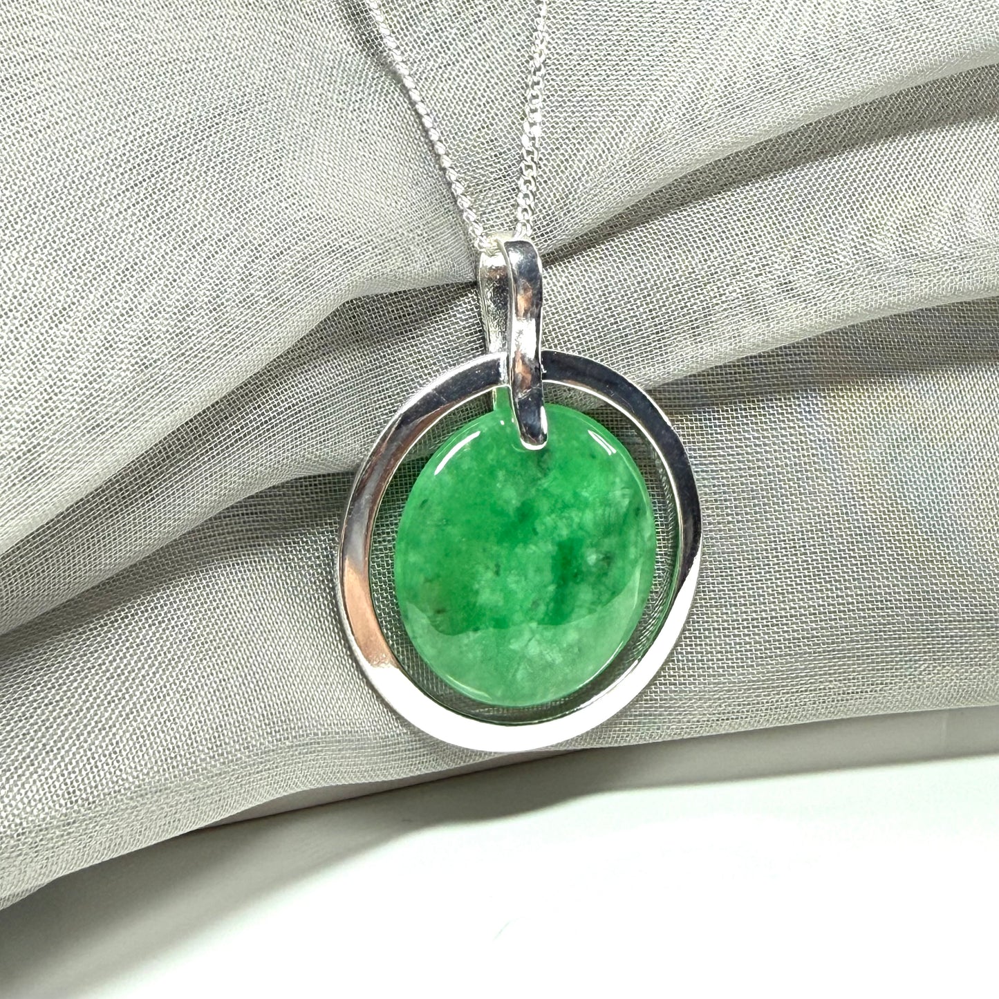 Large round halo necklace sterling silver circle shaped green real jade, a timeless design to the pendant