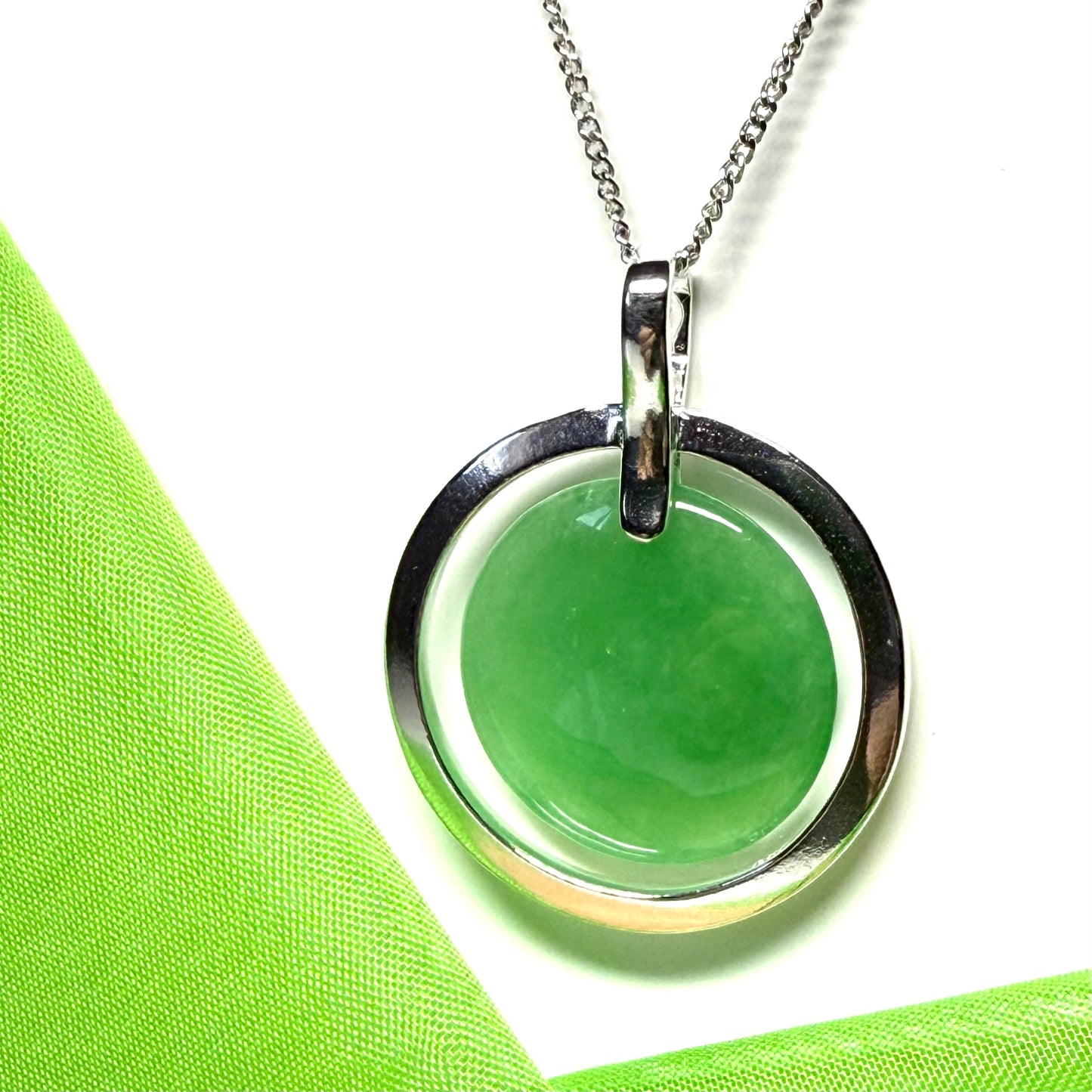 Large round necklace sterling silver circle shaped green real jade halo styled pendant with a chain included