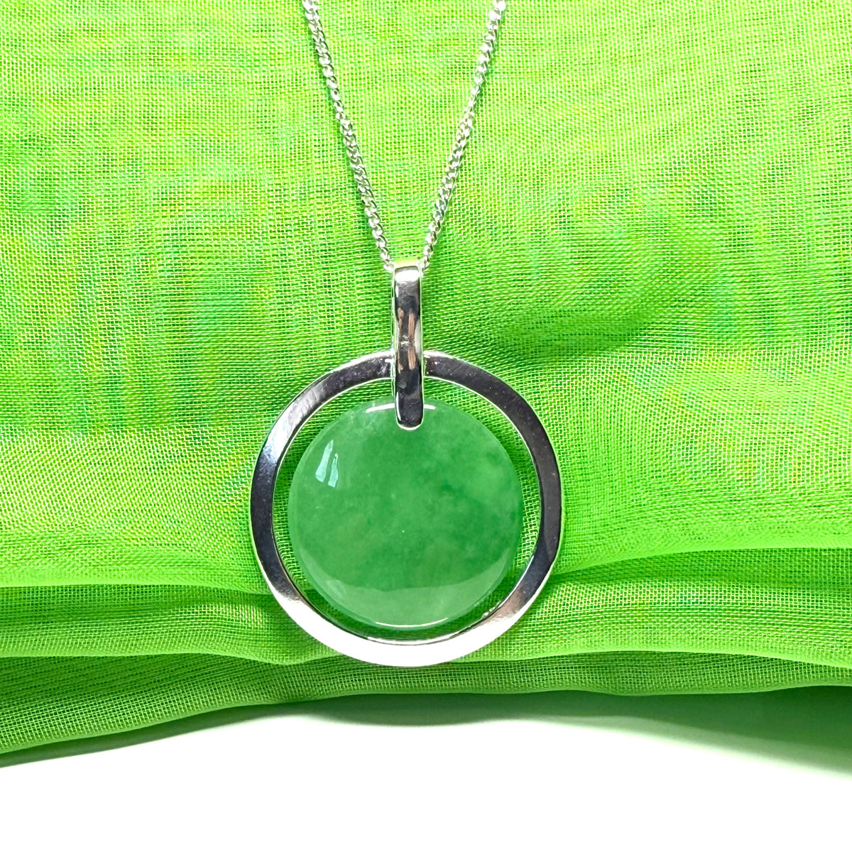 Large round necklace sterling silver circle shaped green real jade halo styled pendant with a chain included