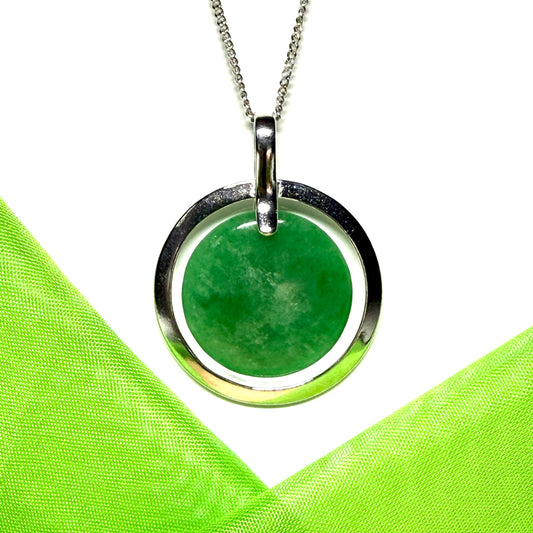 Large round necklace sterling silver circle shaped green real jade halo styled pendant with a chain